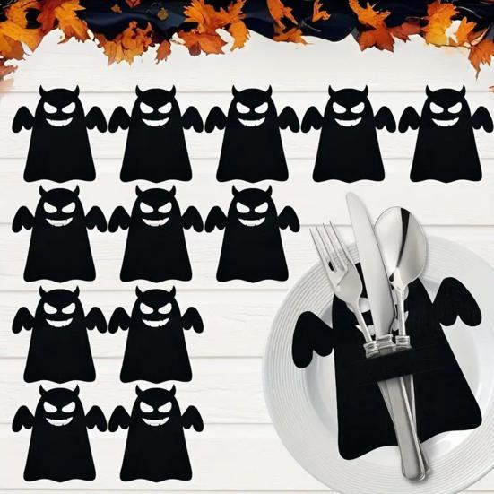 12Pcs Halloween Bat Spoon Fork Holder Spooky Pumpkin Skeleton Ghost Spider Black Cat Cutlery Felt Cover Holiday Party Dining Table Decoration