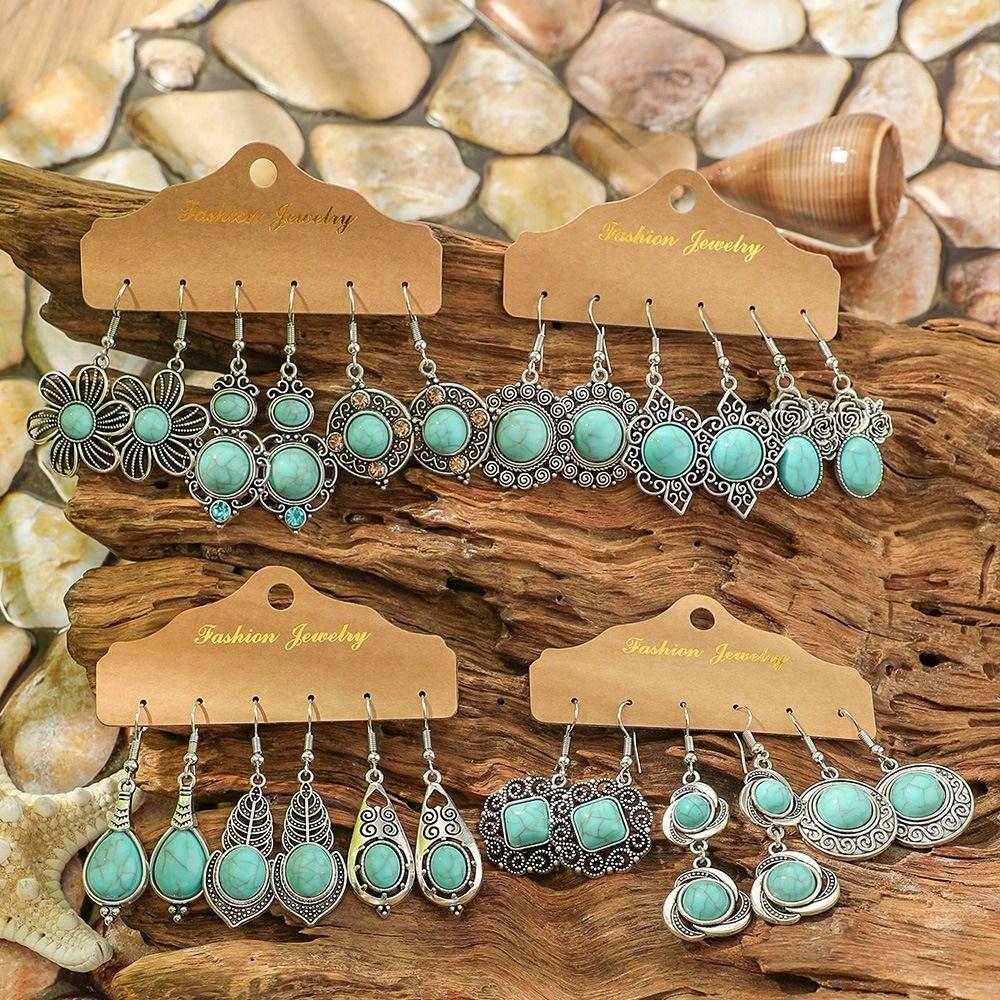 3 пары резных висячих серег серебристого цвета, серьги-капли, простой набор серег с бирюзой, для девушки