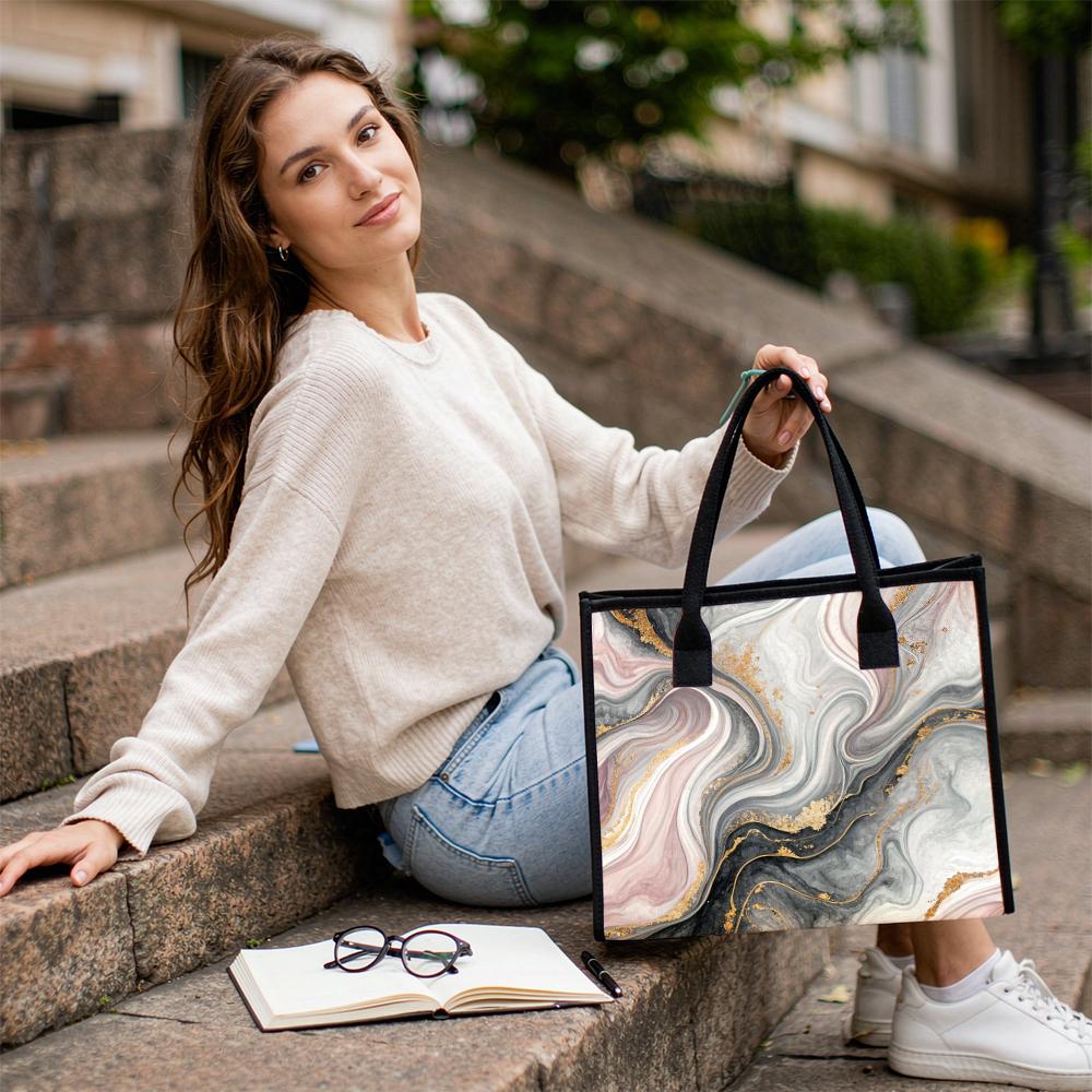Marble Pattern Tote Bag Stylish Casual Daily Shopping Handbag for Women Portable Large Capacity Commuting Shoulder Bag