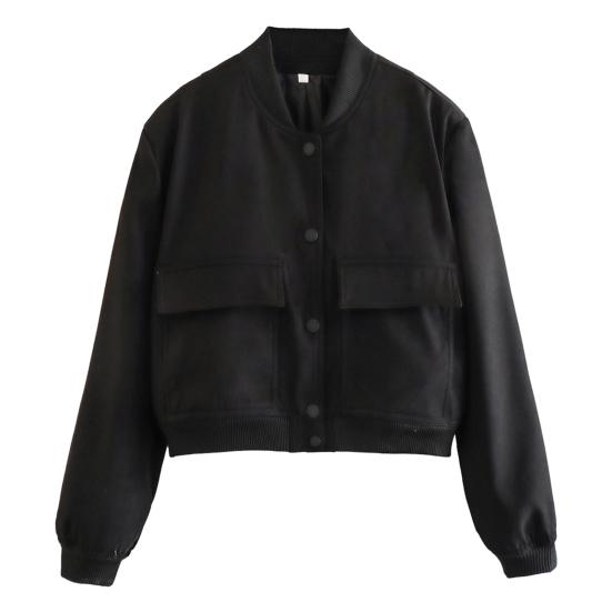 Женская бейсбольная куртка с воротником-стойкой, длинным рукавом, однобортная, однотонная, с пуговицами и карманами, короткая, уличная, женская куртка