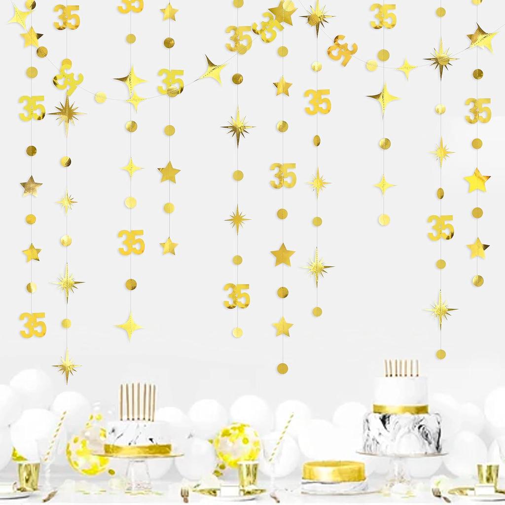 Золотые Украшения на 35-летие Цифра 35 Круглые Точки Мерцающая Звезда Гирлянда Металлическая Свисающая Лента Гирлянда Баннер Фон для Женщин Тридцать Пять