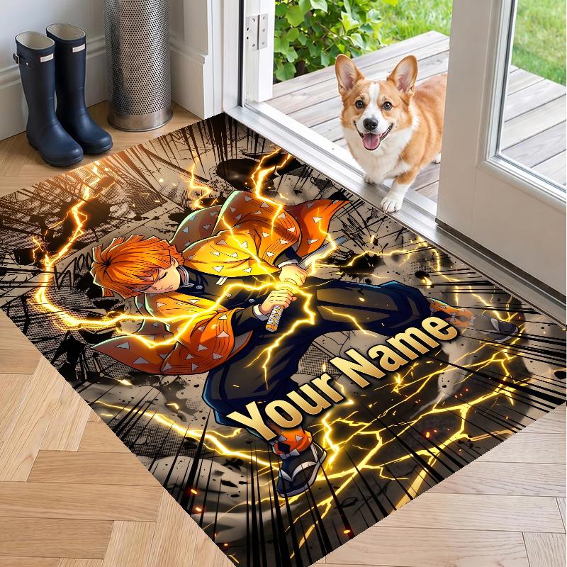 Custom Name Zenitsu Agatsuma Crystal Velvet Floor Rug Personalized Text Soft Carpet Home Decor