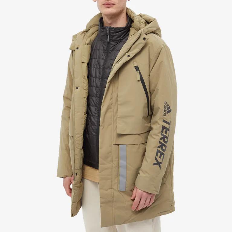 adidas Мужской пуховик средней длины Terrex Series с капюшоном, верхняя одежда абрикосового цвета H13850