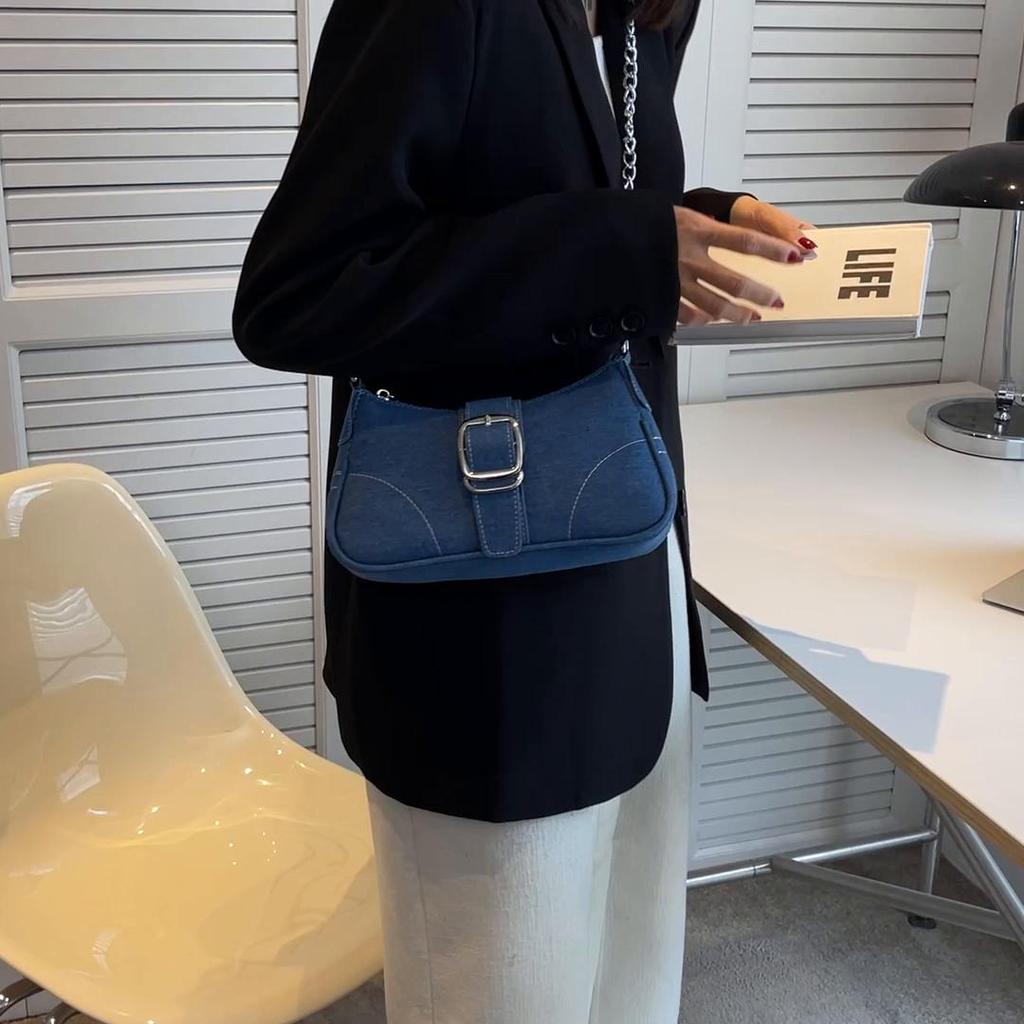 Джинсовая сумка через плечо Модная цепочка Сумка-багет под мышкой Женская сумка с пряжкой KTY