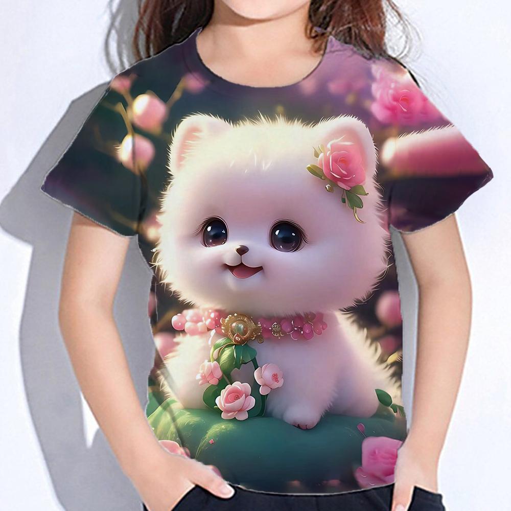 2025 Детская одежда Принт Одежда для девочек Модная блузка Kawaii Футболка Детская одежда Полиэстер Девушка Футболка с коротким рукавом