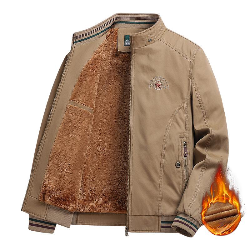 Casual Dad's Outdoor Cotton Washed Jacket Fleece Thickened Tooling Stand-Up Collar Parker Jacket