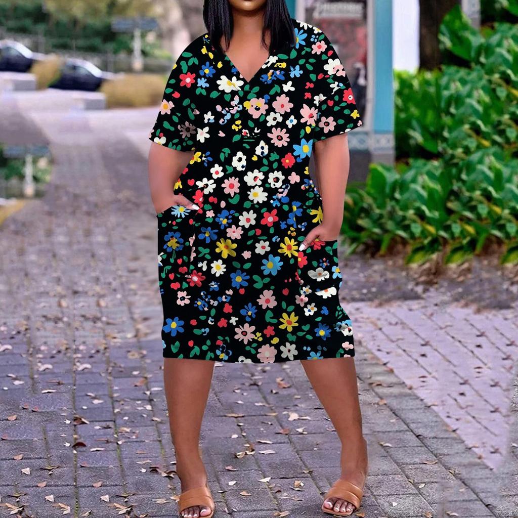 Летнее повседневное платье больших размеров с V-образным вырезом и коротким рукавом, карманом на колене для женщин