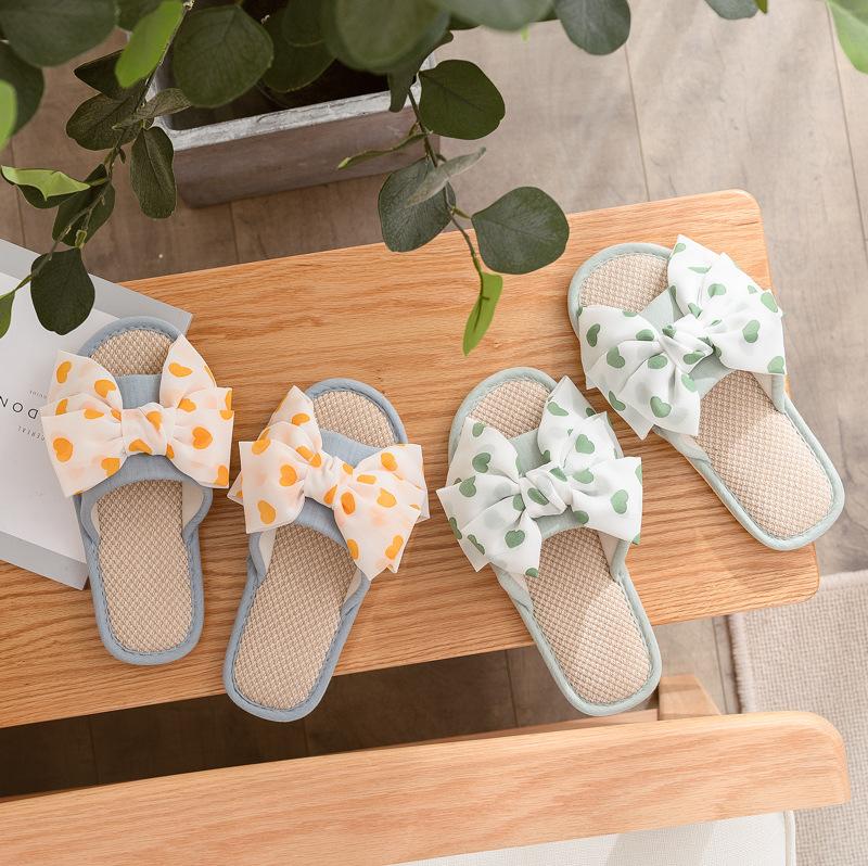 Elegant Home Linen Slippers Breathable Sandal Slippers Female Summer Indoor Fabric Slippers Love Bow Comfortable Slippers Home Shoes Slippers Pink