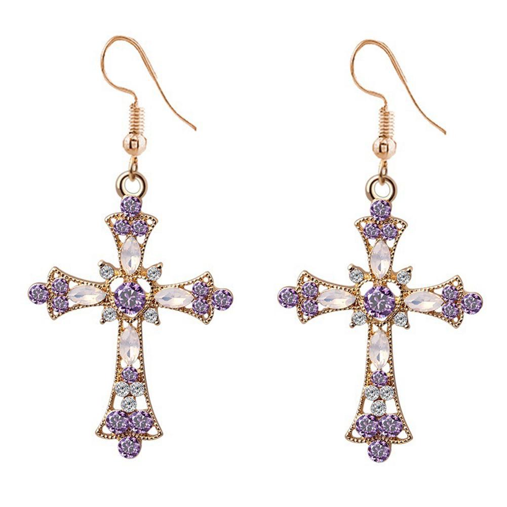 Женщины Rhinestone Инкрустация Крест Кулон Цепочка Ожерелье Крюк Серьги Ювелирный комплект