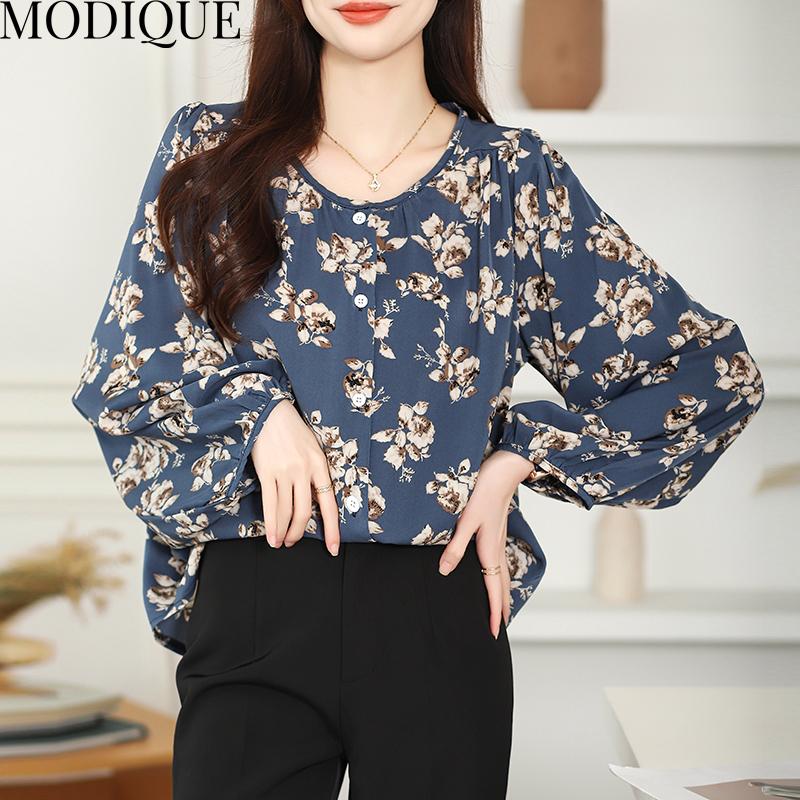 MODIQUE весна лето большие размеры женские свободные повседневные элегантные хлопковые льняные шифоновые блузки с цветочным принтом рубашки женские базовые с круглым вырезом пальто с пышными рукавами