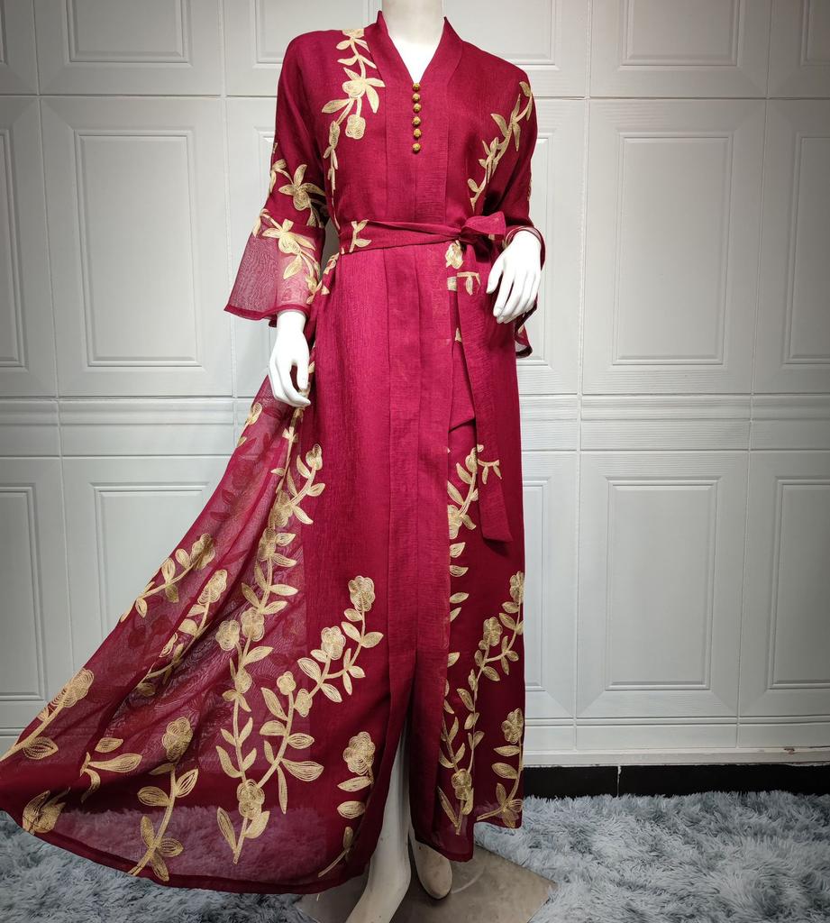 Мусульманский сетчатый вышитый халат с V-образным вырезом, облегающее свободное арабское платье