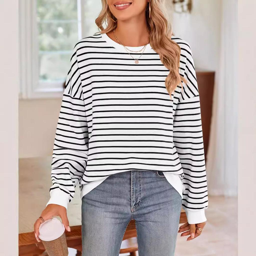 Осенняя женская толстовка больших размеров свободного покроя в полоску