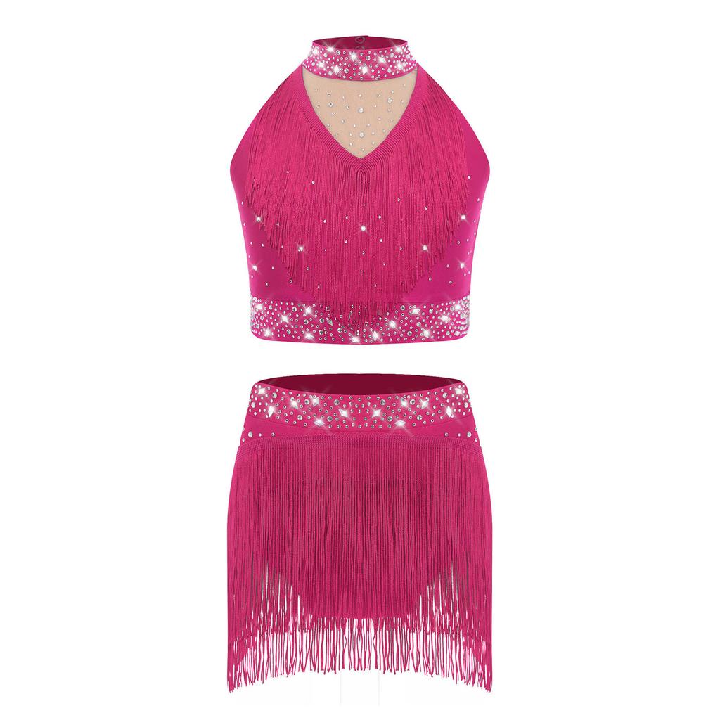 Блестящий танцевальный комплект для девочек, топ с бахромой и воротником-стойкой для выступлений на сцене, джазовых балетных шоу
