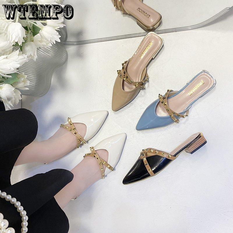 Летние сандалии, заклепки, острый высокий каблук, квадратный каблук, женская обувь на среднем каблуке, женская обувь с пряжкой