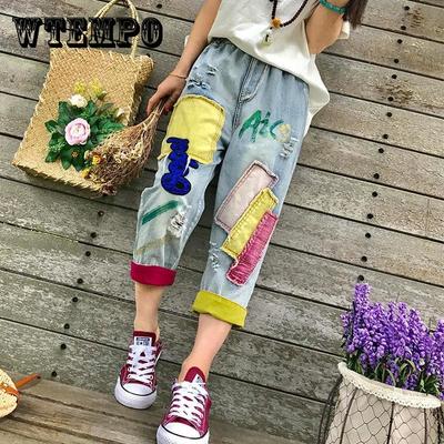 Женские джинсы с вышивкой и эластичной резинкой на талии с рваными отверстиями, свободные джинсы больших размеров, тонкие укороченные брюки