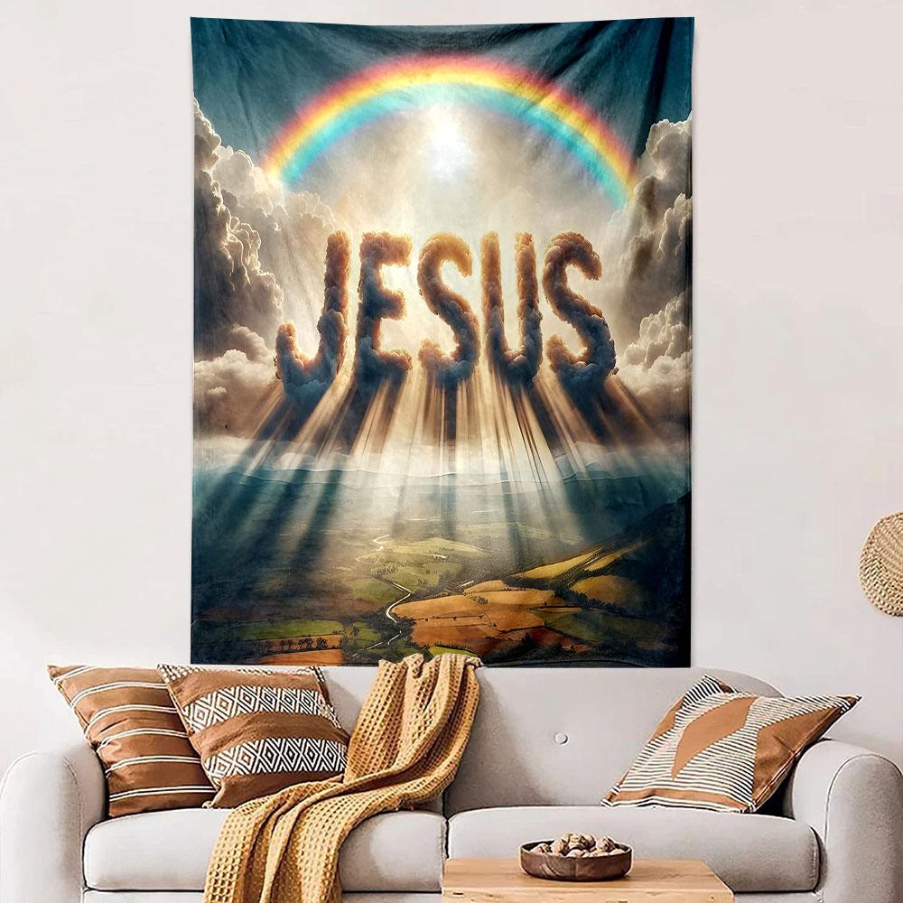 "Jesus Cloud with Rainbow Sky Scene" Patterned tapestry home decor, suitable for bedroom and living room, gift