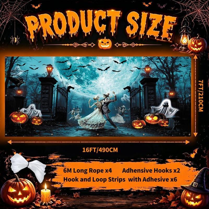 Halloween Garage Door Cover 7.8x3.6ft Scary Skeleton Cemetery Banner