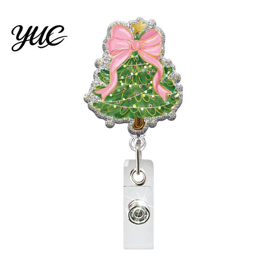 Work ID Card Reel Christmas Retractable Badge Reel, 360 Degree Smooth Rotating Clip, Teacher Waterproof Acrylic Holder for Cards And Keys Id Clip