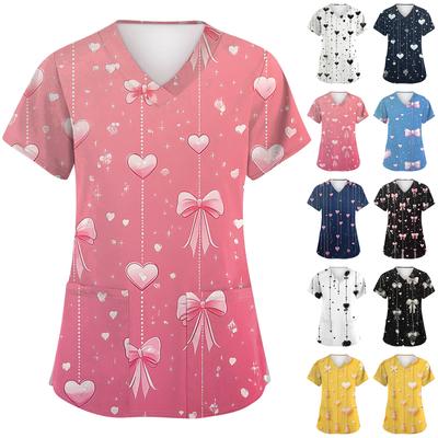 Женская модная рабочая одежда с V-образным вырезом и короткими рукавами, с карманами, топ с принтом ко Дню святого Валентина, униформа для сиделки