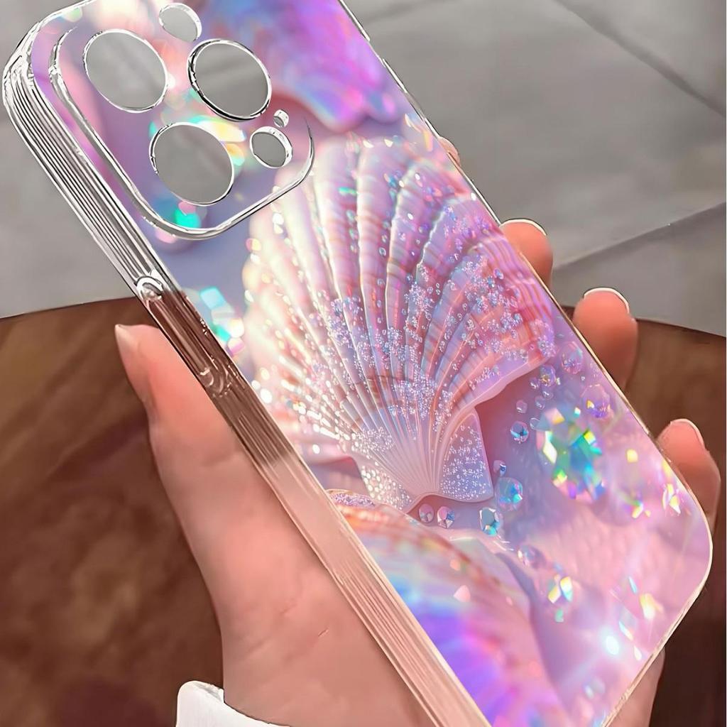 Прозрачный противоударный чехол с рисунком розовой ракушки для iPhone 14-17 Pro Max