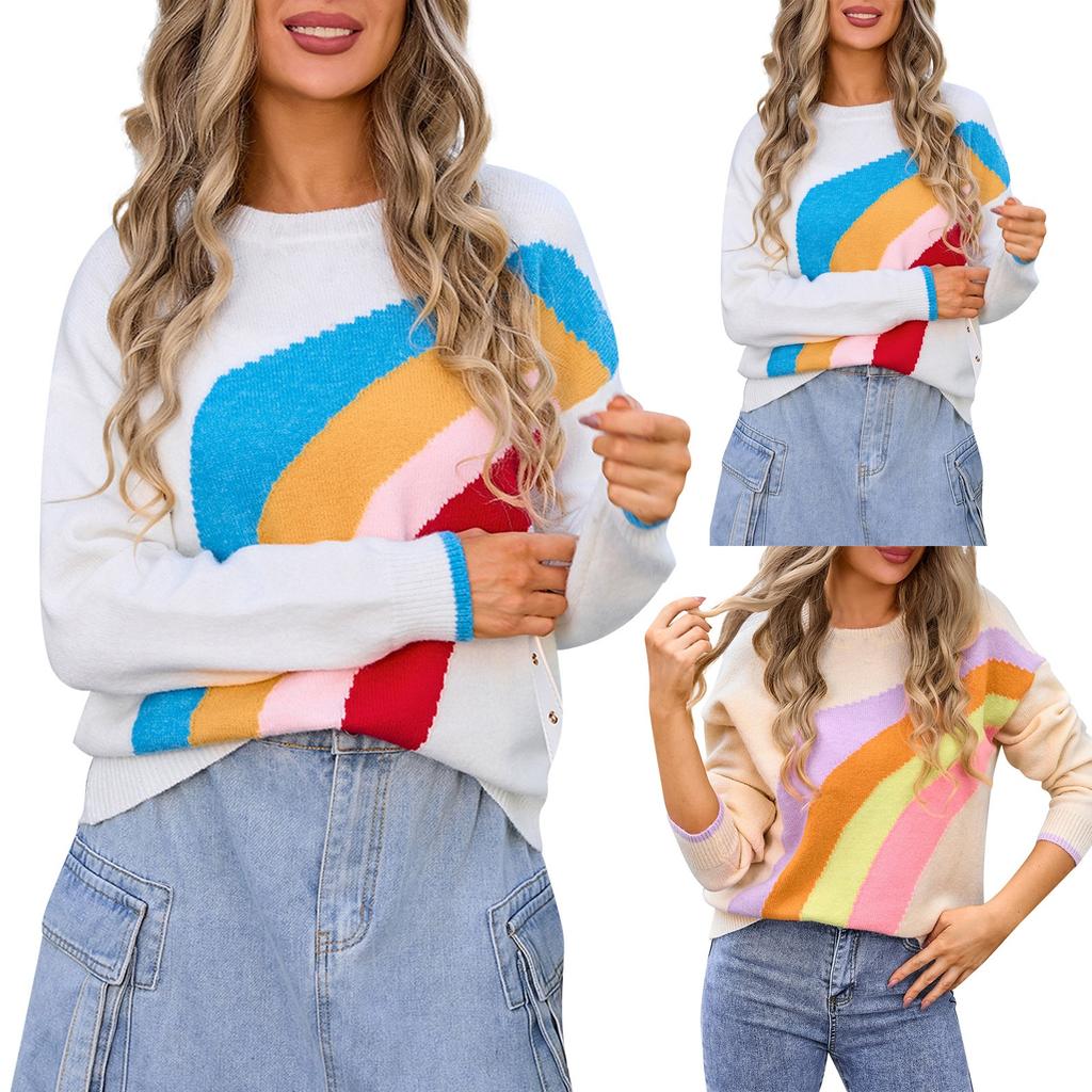 Women's Casual Fashion Comfortable Round Neck Pullover Contrast Color Striped Long Sleeve Street Trend Knitted Sweater