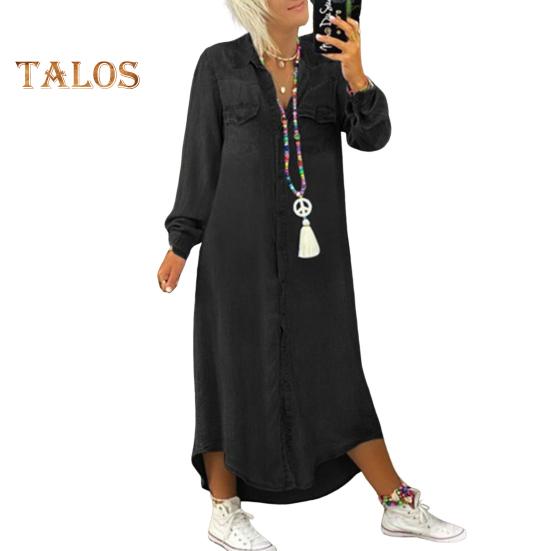 Осенне-весеннее женское платье однобортное с лацканами, свободный покрой, длинные рукава, нагрудный карман, разрез по низу, платье больших размеров, однотонное, на пуговицах, А-силуэт, повседневная одежда, макси