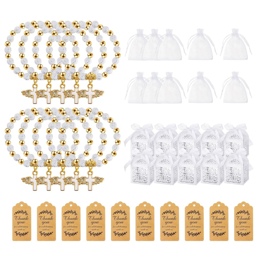 10pcs Baptism Gift Set with Angel Cross Prayer Bracelet and Thank You Tags Baptism Favor Boxes Stylish Baptism Supplies