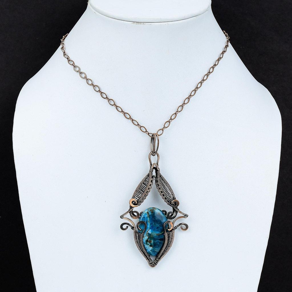 Кулон из неонового апатита, кулон, обмотанный медной проволокой, медные украшения ручной работы, кулон с драгоценным камнем для подарка, украшения из неонового апатита, кулоны с камнем рождения