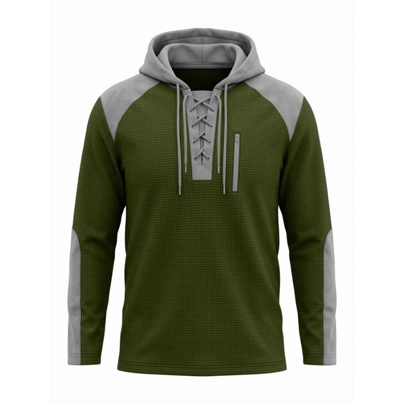 Men S Long Sleeve Hooded Waffle Color Block Casual Sweatshirt