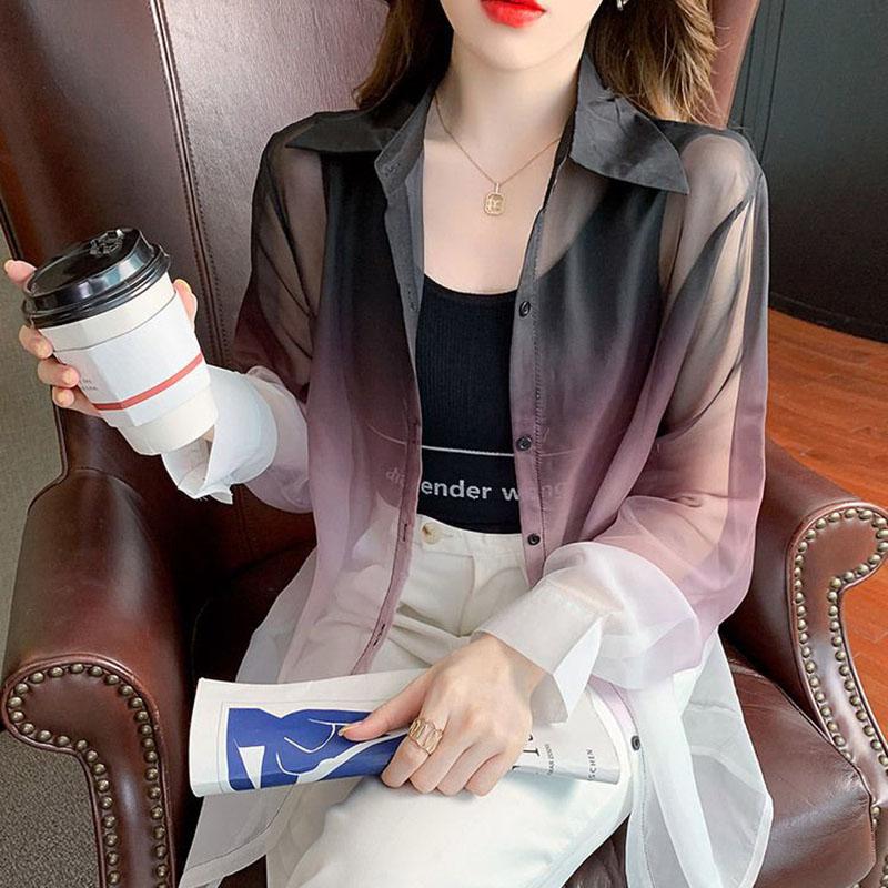 Летняя женская градиентная шифоновая рубашка женская рубашка с контрастным принтом Tie Dye солнцезащитные рубашки женские уличная блузка