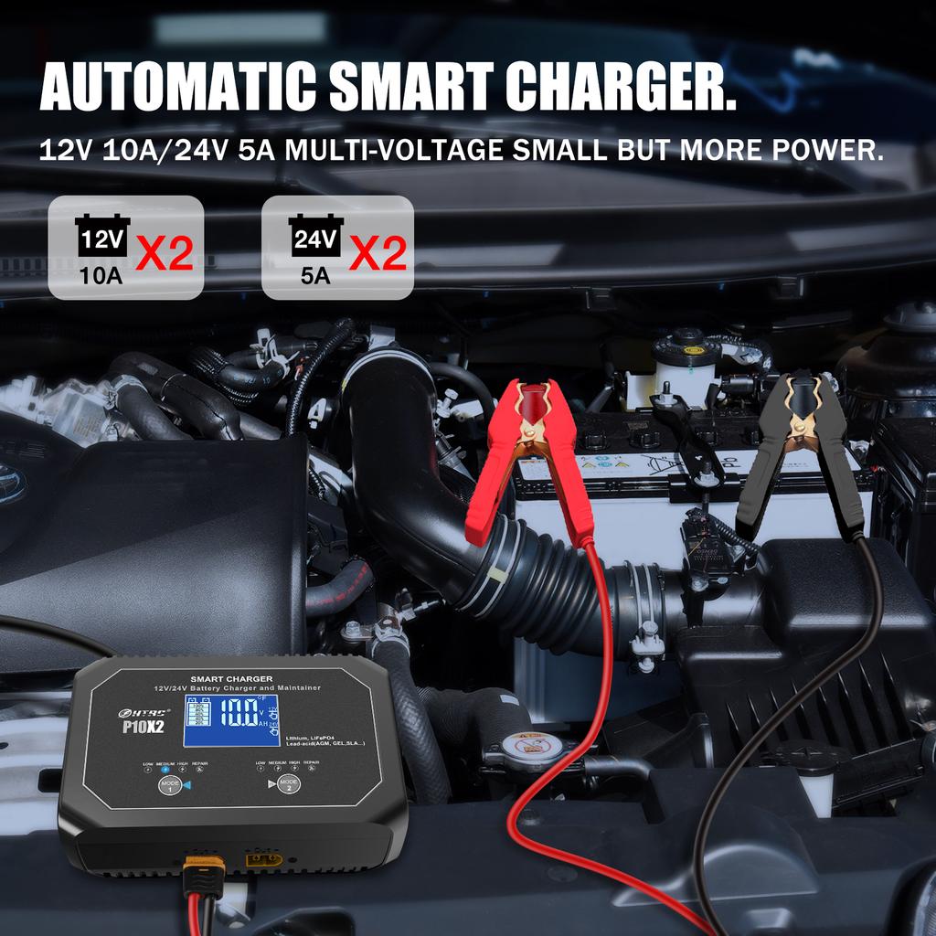 Dual Channel Car Battery Charger 12V 10A 24V 5A for Lithium AGM GEL Lead-Acid LiFePO4 Battery Automatic Motorcycle Charger