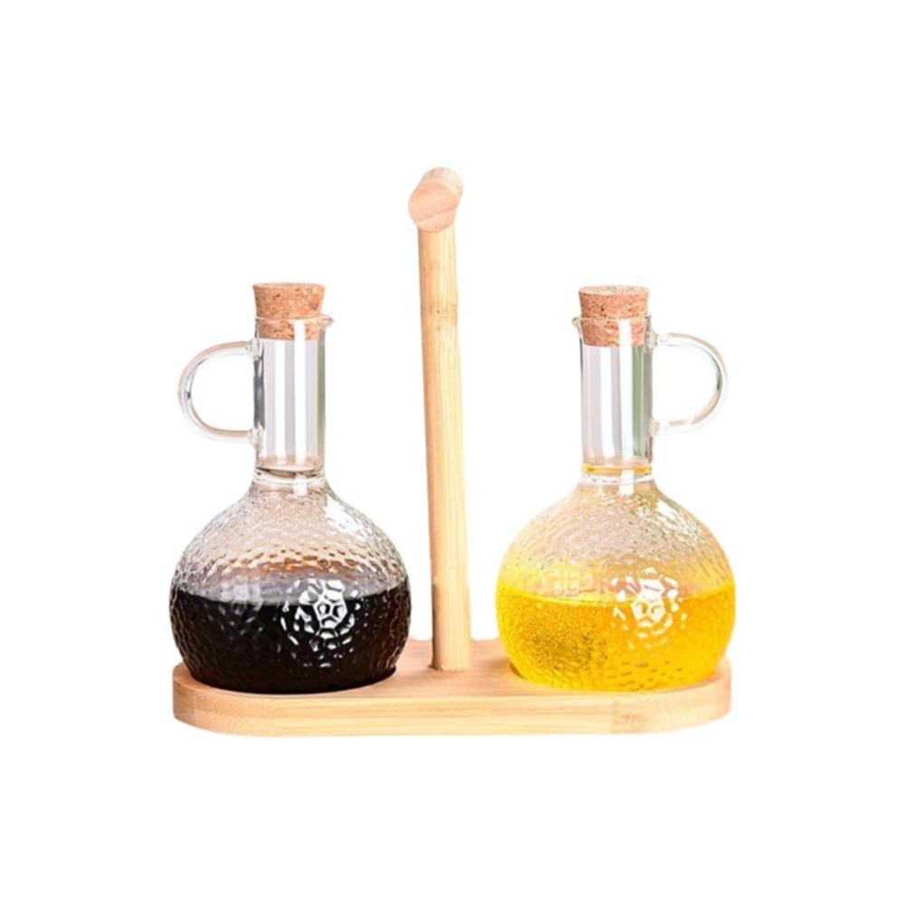 Transparent Bottle Liquid Seasoning Bottle Wooden Stand Condiment Dispenser Household Use