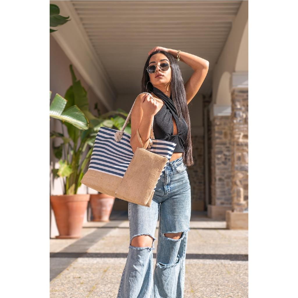 Женская пляжная сумка в полоску с мягкой ручкой, соломенно-джутовая