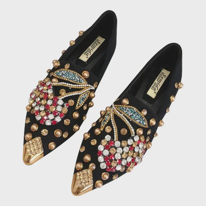 Women's 2020 Autumn Large Single Shoes - Rivet Cherry, Rhinestone Pointed Toe, Flat Style