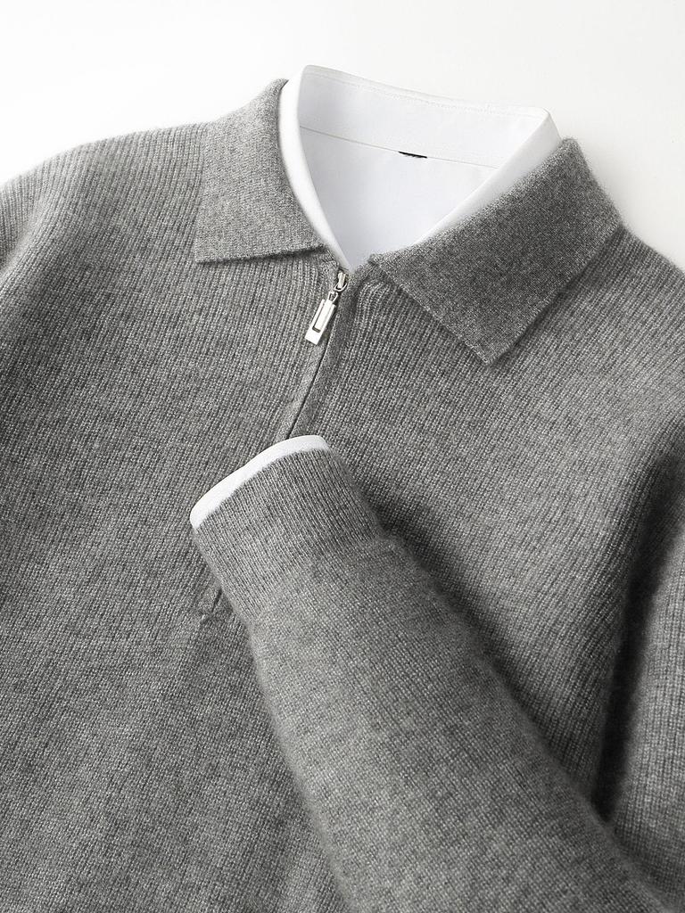 Мужской деловой повседневный пуловер поло из чистой шерсти на молнии - Осенне-зимний пуловер свободной вязки