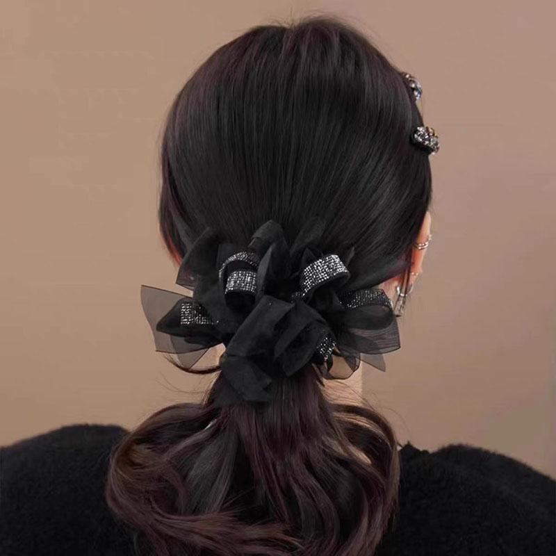 2pcs/set Elegant Chiffon Bow Rhinestones Elastic Hair Band For Women Lady Sweet Hair Ornament Scrunchie Hair Tie Hair Accessory