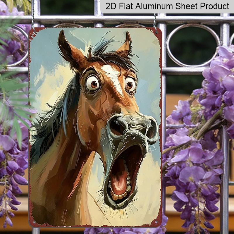2D Flat, Funny Shocked Horse Aluminum Sign - Retro Humorous Animal Wall Decor Man Cave, Garage, Bar Decor, Farmhouse Decor, Ranch Decor, Funny Home
