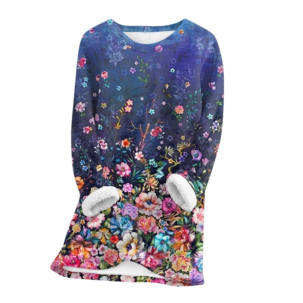 Женский топ с круглым вырезом и принтом из утолщенного плюша и кашемира, теплый длинный топ