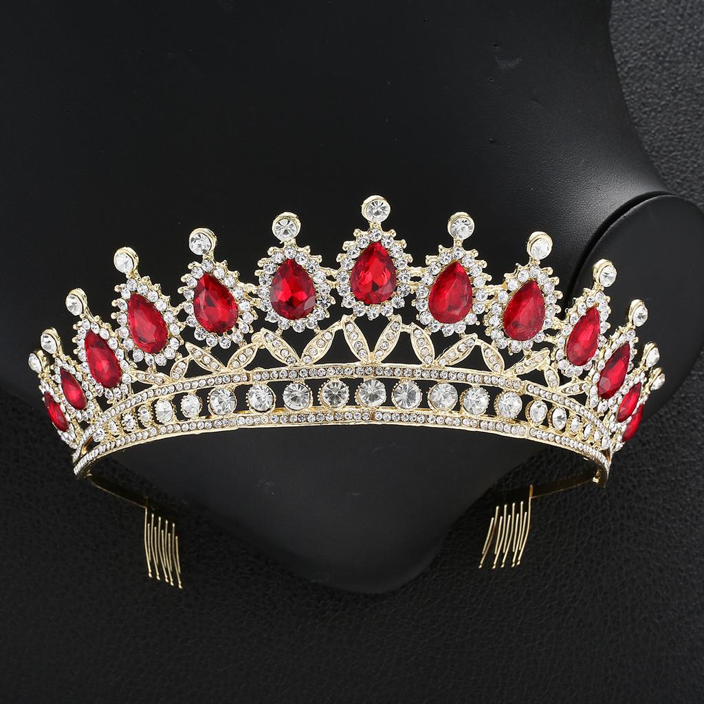 Red Rhinestone Crown Large Crown with Comb Bridal Tiara Crown