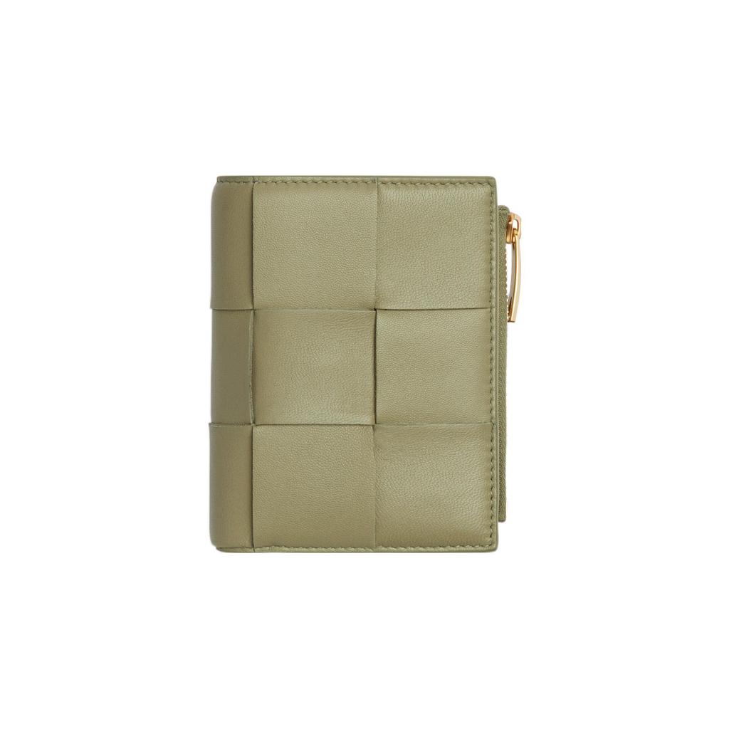 Bottega Veneta Cassette Intreccio Woven Design Double Fold Zipper Wallet Small Women wallet Cave-Green 706010VCQC42916