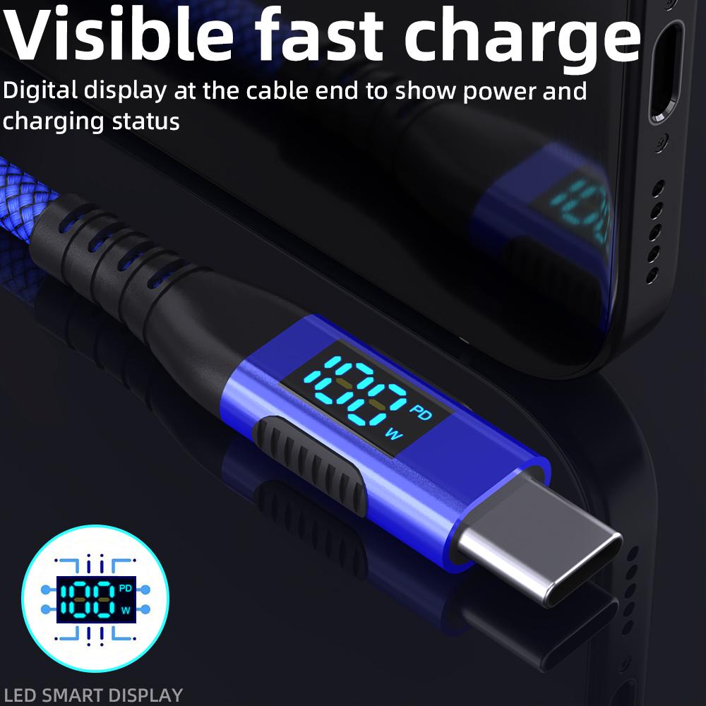 1m USB-C to USB-C Cable 100W 5A/20V Nylon Braided Phone Tablet Fast Charging Digital Display Cord