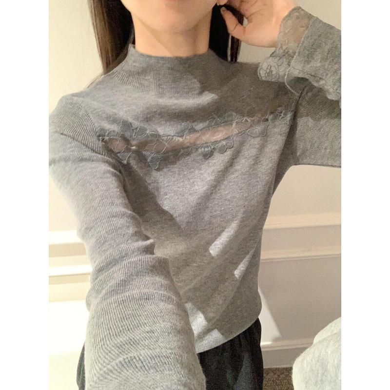 Korean gray semi-turtleneck hollow knitted bottoming shirt women's autumn and winter light luxury high-end sense inner lace splicing top