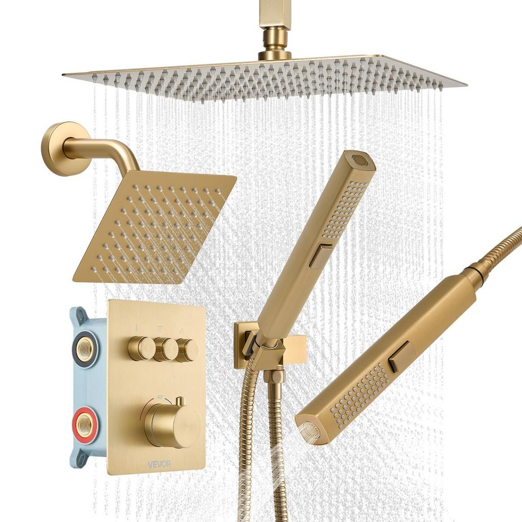 Shower Faucet Set, 305 mm Thermostatic Ceiling Mount Rainfall Shower System with 152 mm Wall Mount Head and 2 in 1 Handheld Spray, 3-Function Dual