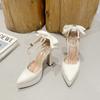 2025 Summer New Fashion Satin High Heel Sandal Bow One-line Buckle Pointed Thick Heel Women's Pumps Wedding Shoes