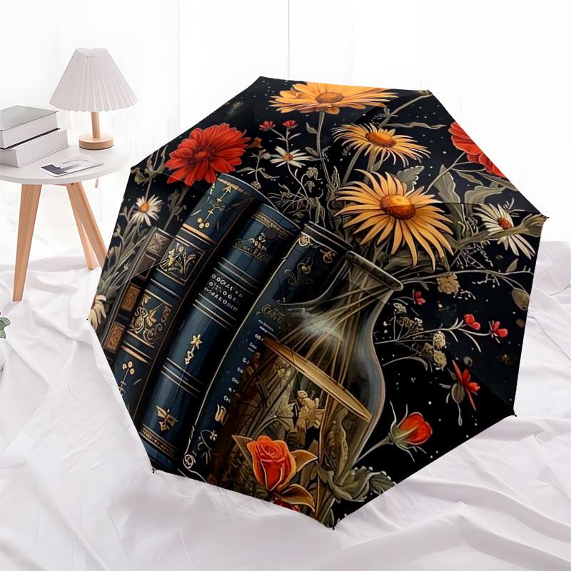 1pc Floral Bookshelf Night Garden Umbrella with Plastic Handle,Suitable for All Seasons Home Travel Outdoor UmbrellaDD442
