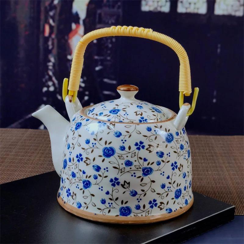 Бытовой фарфоровый чайник, керамический большой вместительный горшок для прохладной воды, большой синий и белый фарфоровый горшок с петлевой ручкой в ​​стиле ретро