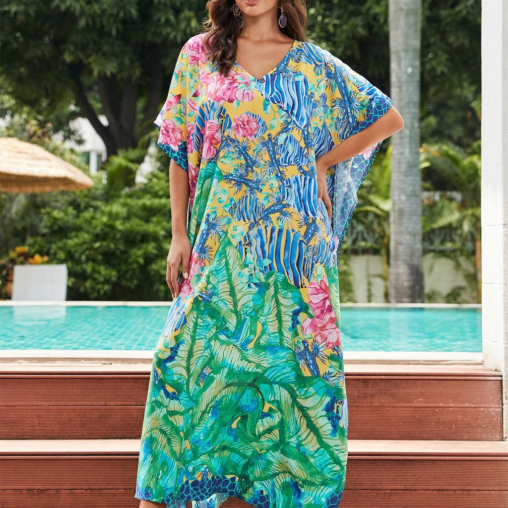 YYFS Женская мода отпуск лето весна цветочный узор принт рукава 1/2 с v-образным вырезом повседневные платья