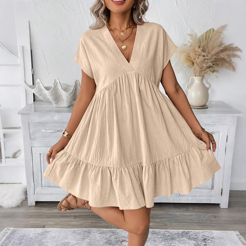Women's Fashion Casual Slim Covered Sleeve V-Neck Pleated Ruffle Dresses