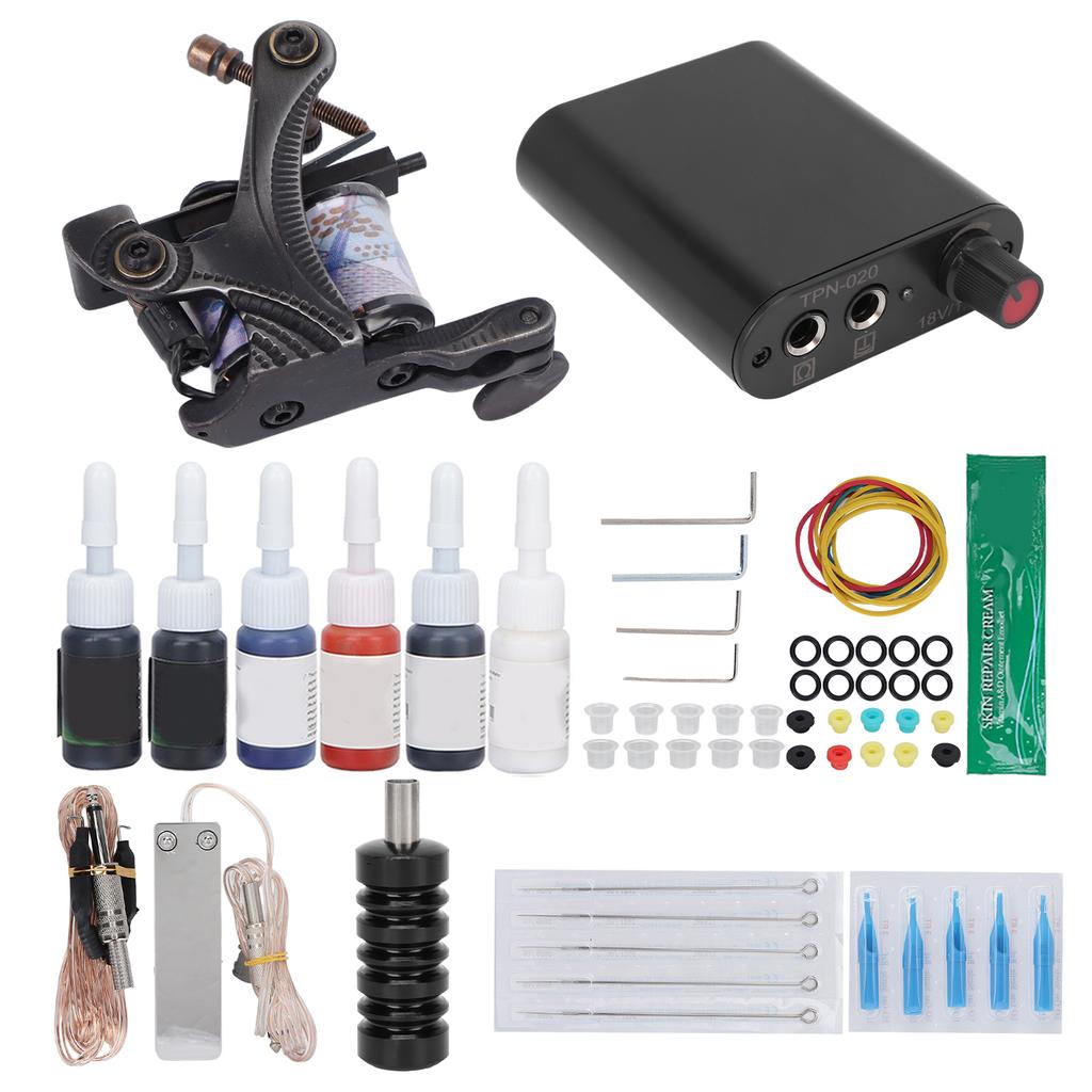 Professional Tattoo Machine Kit 10 Wraps Tattoo Coil Machine Complete Tattoo Power Supply Kit