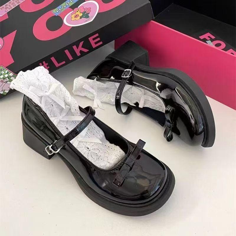 Bow Brown Round Head British Jk Small Leather Shoes French Retro High Heel Mary Jane Shoes Women's New Summer